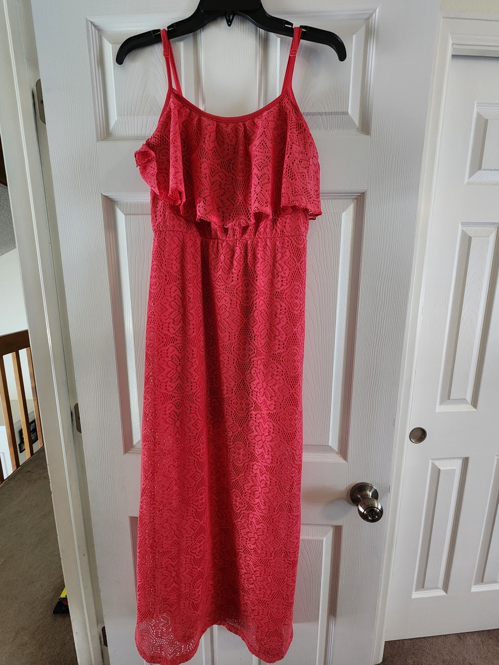 Spaghetti-Strap Coral Lace Maxi Dress